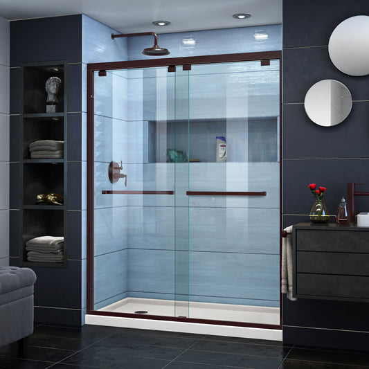 Encore 30 in. D x 60 in. W x 78 3/4 in. H Bypass Shower Door in Oil Rubbed Bronze and Left Drain Biscuit Base Kit