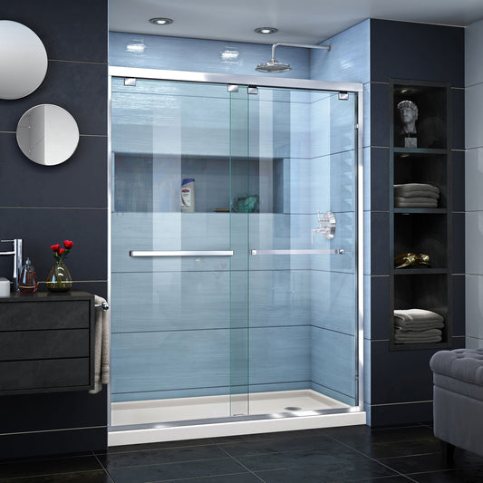 Encore 30 in. D x 60 in. W x 78 3/4 in. H Bypass Shower Door in Chrome and Right Drain Biscuit Base Kit