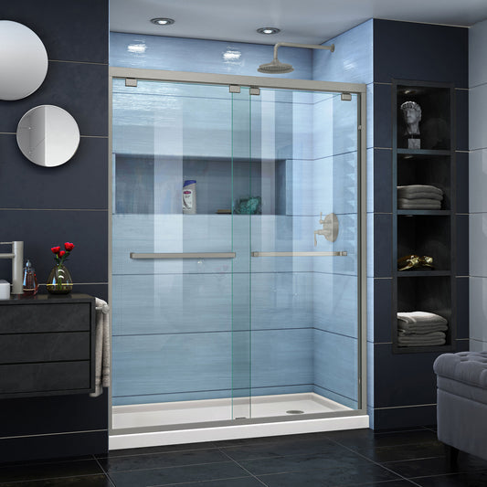 Encore 30 in. D x 60 in. W x 78 3/4 in. H Bypass Shower Door in Brushed Nickel and Right Drain Biscuit Base Kit