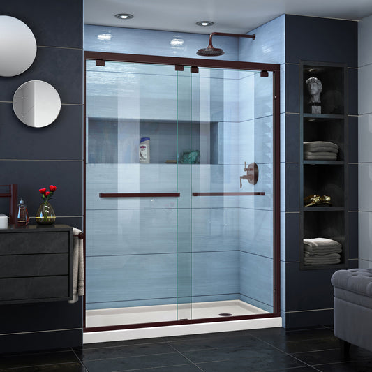 Encore 30 in. D x 60 in. W x 78 3/4 in. H Bypass Shower Door in Oil Rubbed Bronze and Right Drain Biscuit Base Kit