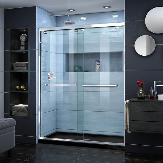 Encore 30 in. D x 60 in. W x 78 3/4 in. H Bypass Shower Door in Chrome and Center Drain Black Base Kit