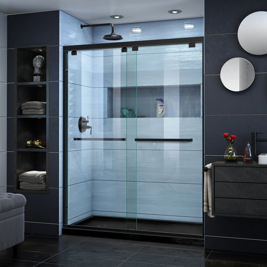 Encore 30 in. D x 60 in. W x 78 3/4 in. H Bypass Shower Door in Satin Black and Left Drain Black Base Kit