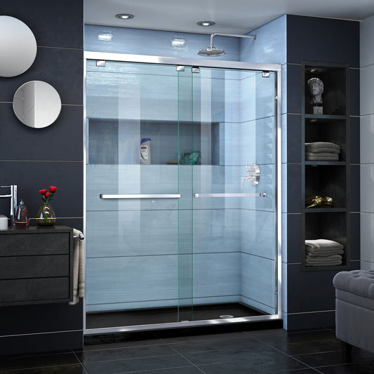 Encore 30 in. D x 60 in. W x 78 3/4 in. H Bypass Shower Door in Chrome and Right Drain Black Base Kit