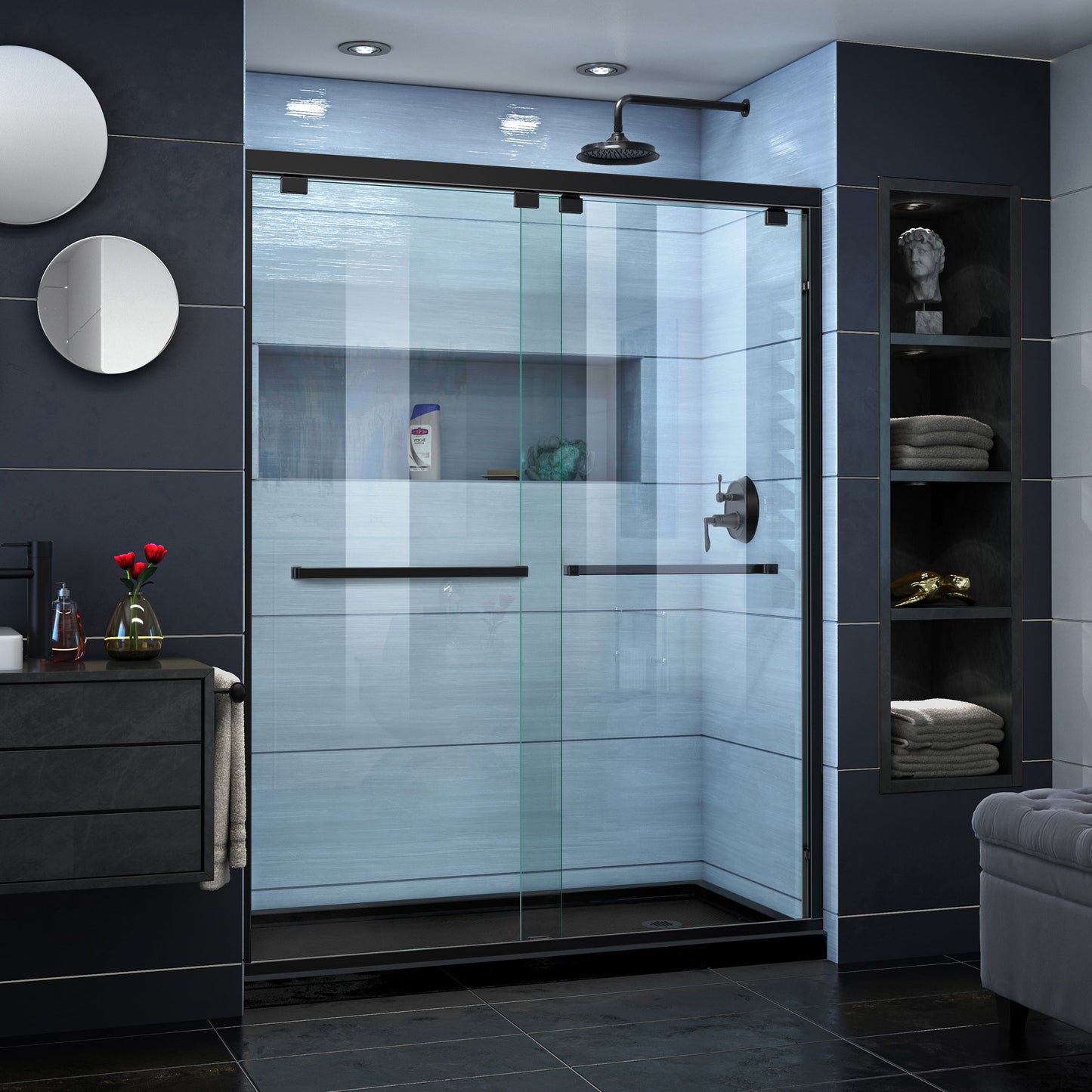 Encore 30 in. D x 60 in. W x 78 3/4 in. H Bypass Shower Door in Satin Black and Right Drain Black Base Kit