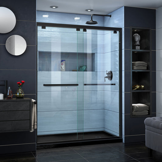 Encore 30 in. D x 60 in. W x 78 3/4 in. H Bypass Shower Door in Satin Black and Right Drain Black Base Kit