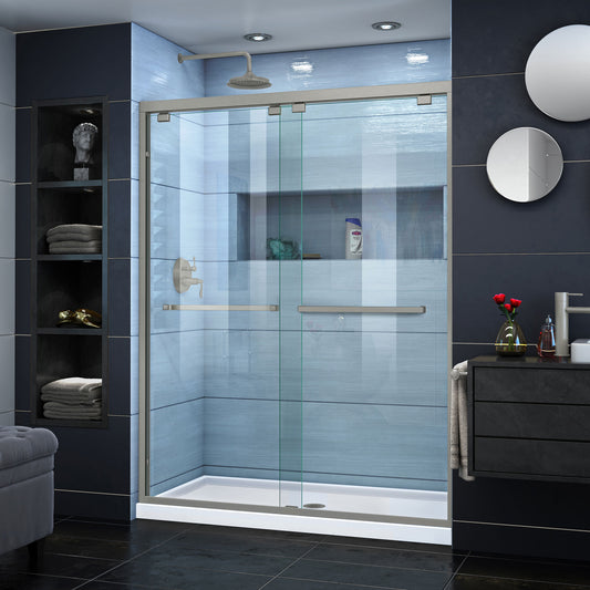 Encore 30 in. D x 60 in. W x 78 3/4 in. H Bypass Shower Door in Brushed Nickel and Center Drain White Base Kit