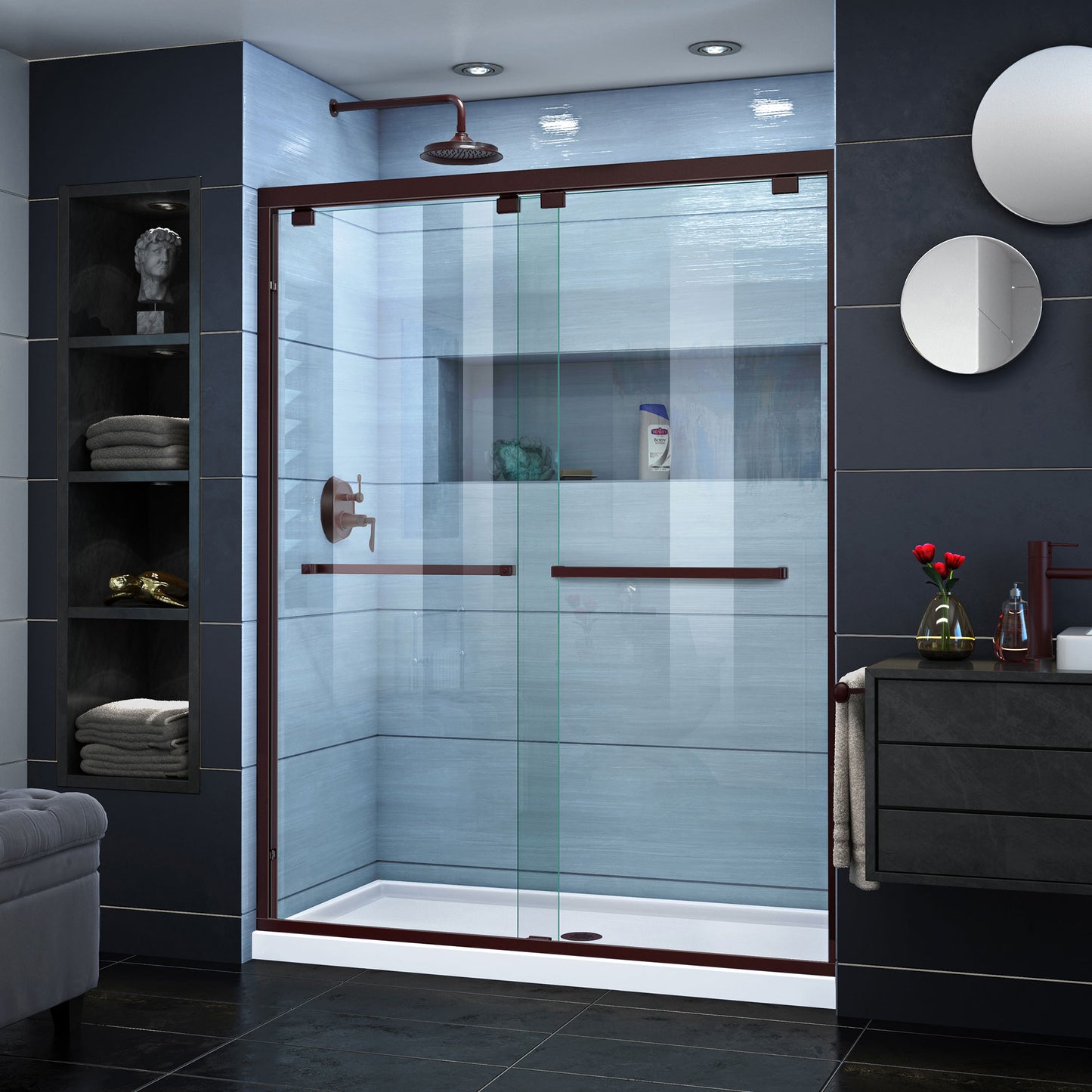 Encore 30 in. D x 60 in. W x 78 3/4 in. H Bypass Shower Door in Oil Rubbed Bronze and Center Drain White Base Kit