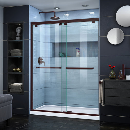 Encore 30 in. D x 60 in. W x 78 3/4 in. H Bypass Shower Door in Oil Rubbed Bronze and Center Drain White Base Kit