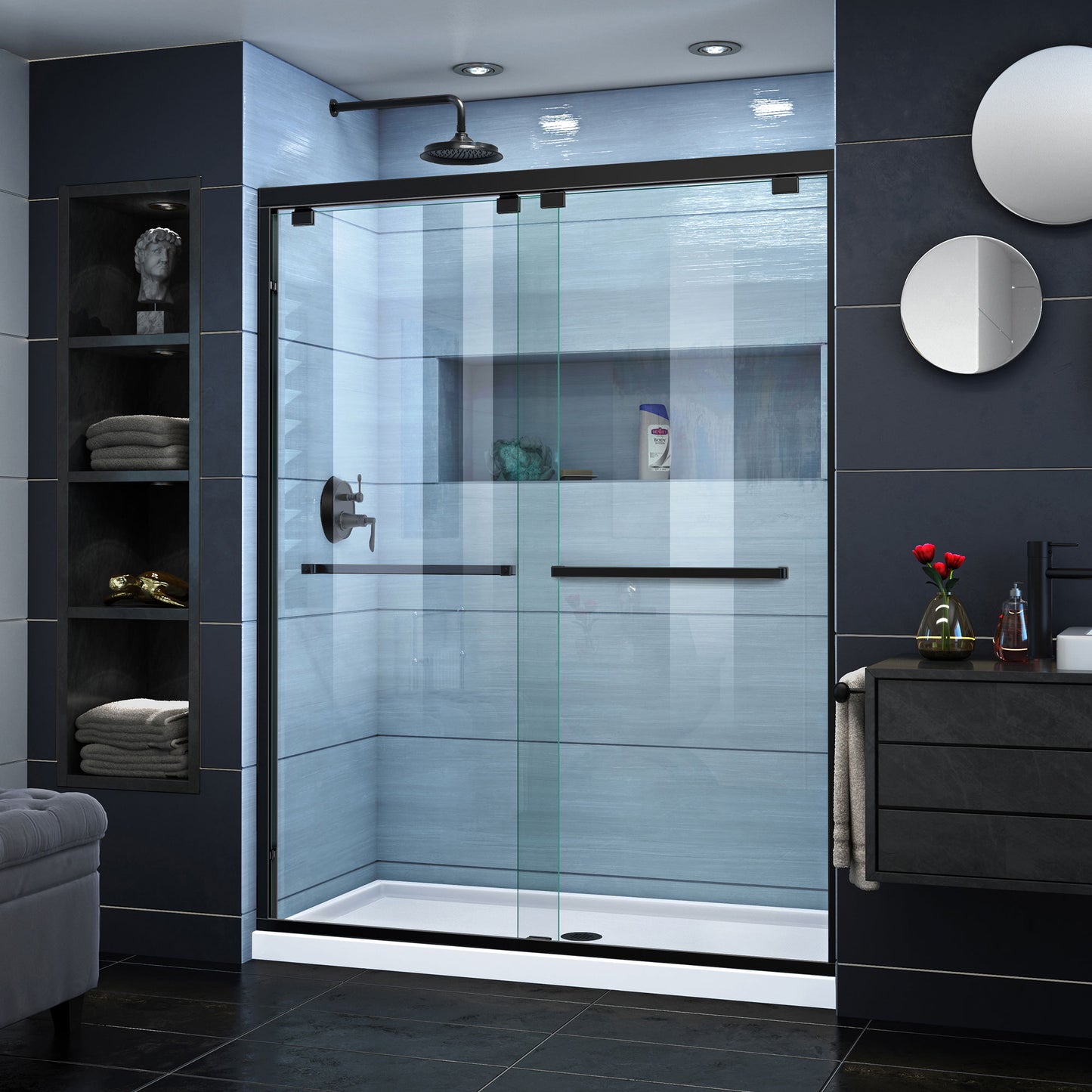 Encore 30 in. D x 60 in. W x 78 3/4 in. H Bypass Shower Door in Satin Black and Center Drain White Base Kit