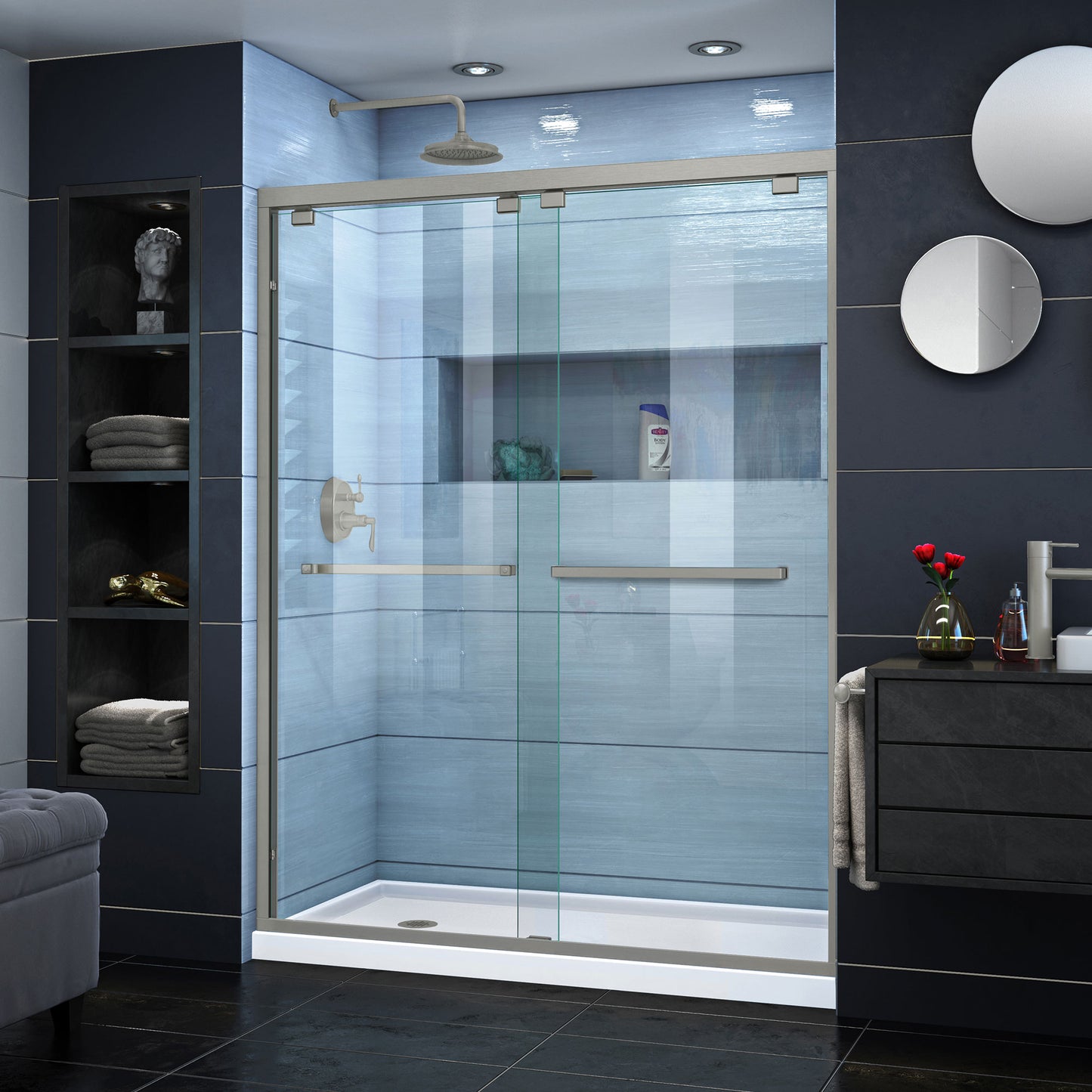 Encore 30 in. D x 60 in. W x 78 3/4 in. H Bypass Shower Door in Brushed Nickel and Left Drain White Base Kit