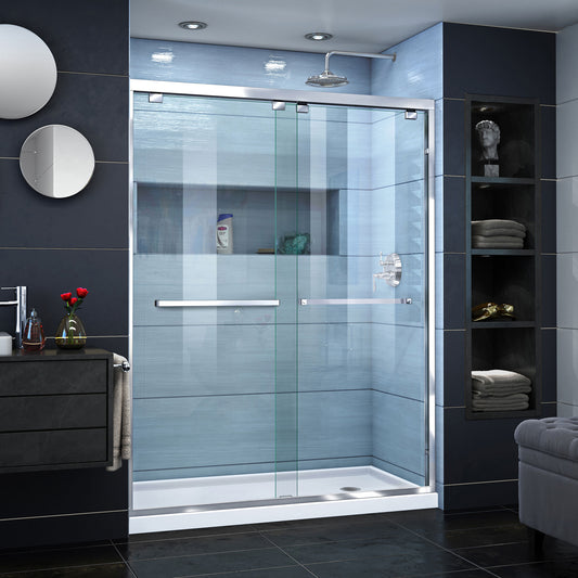 Encore 30 in. D x 60 in. W x 78 3/4 in. H Bypass Shower Door in Chrome and Right Drain White Base Kit