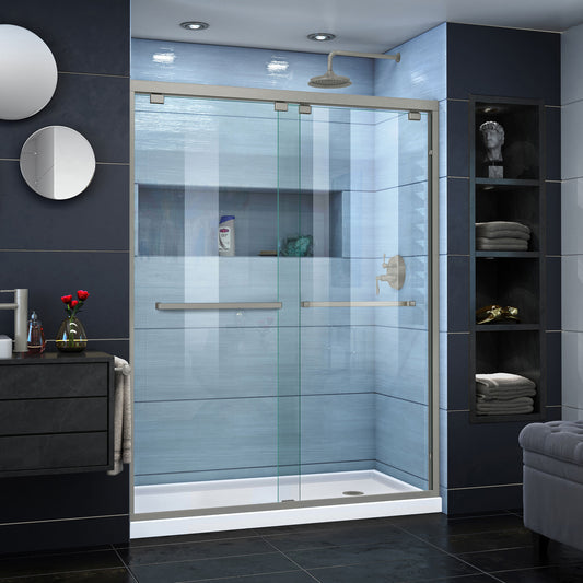 Encore 30 in. D x 60 in. W x 78 3/4 in. H Bypass Shower Door in Brushed Nickel and Right Drain White Base Kit