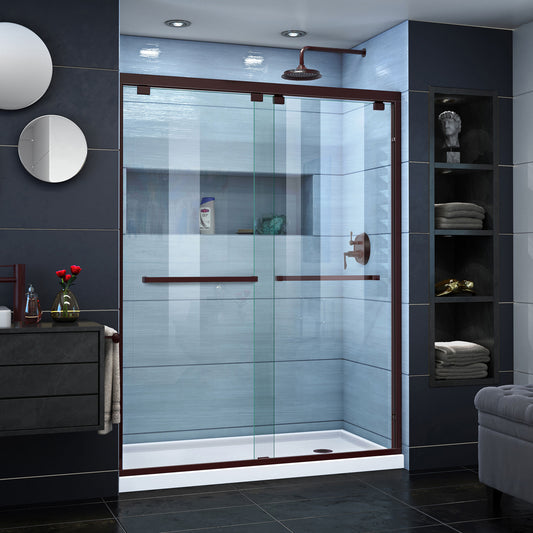 Encore 30 in. D x 60 in. W x 78 3/4 in. H Bypass Shower Door in Oil Rubbed Bronze and Right Drain White Base Kit