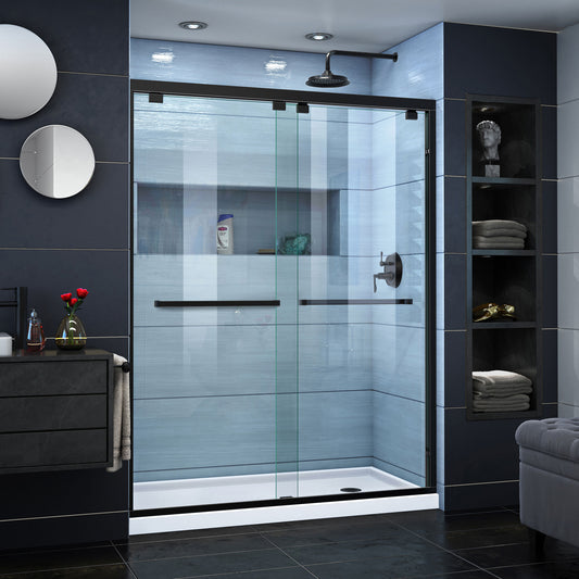 Encore 30 in. D x 60 in. W x 78 3/4 in. H Bypass Shower Door in Satin Black and Right Drain White Base Kit