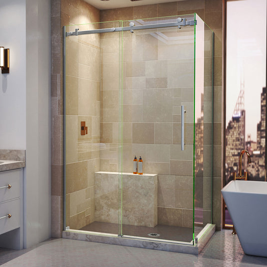 Enigma Air 34 3/4 in. D x 48 3/8 in. W x 76 in. H Frameless Sliding Shower Enclosure in Brushed Stainless Steel