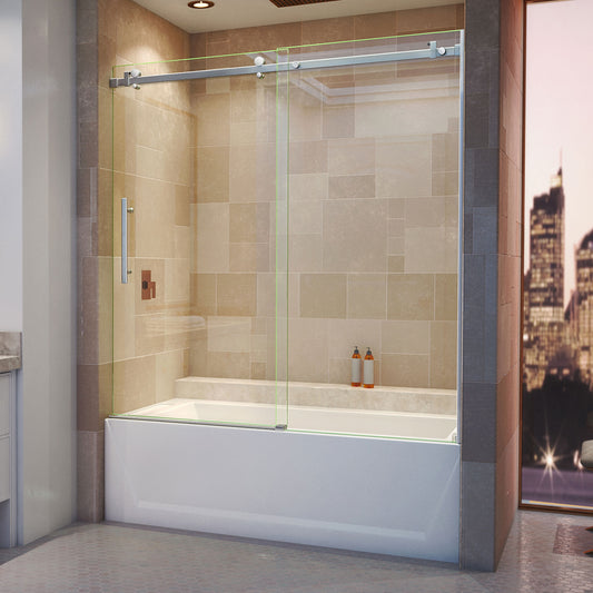 Enigma Air 56-60 in. W x 62 in. H Frameless Sliding Tub Door in Brushed Stainless Steel