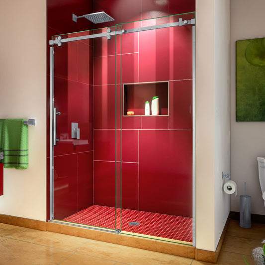 Enigma Sky 56-60 in. W x 76 in. H Frameless Sliding Shower Door in Brushed Stainless Steel
