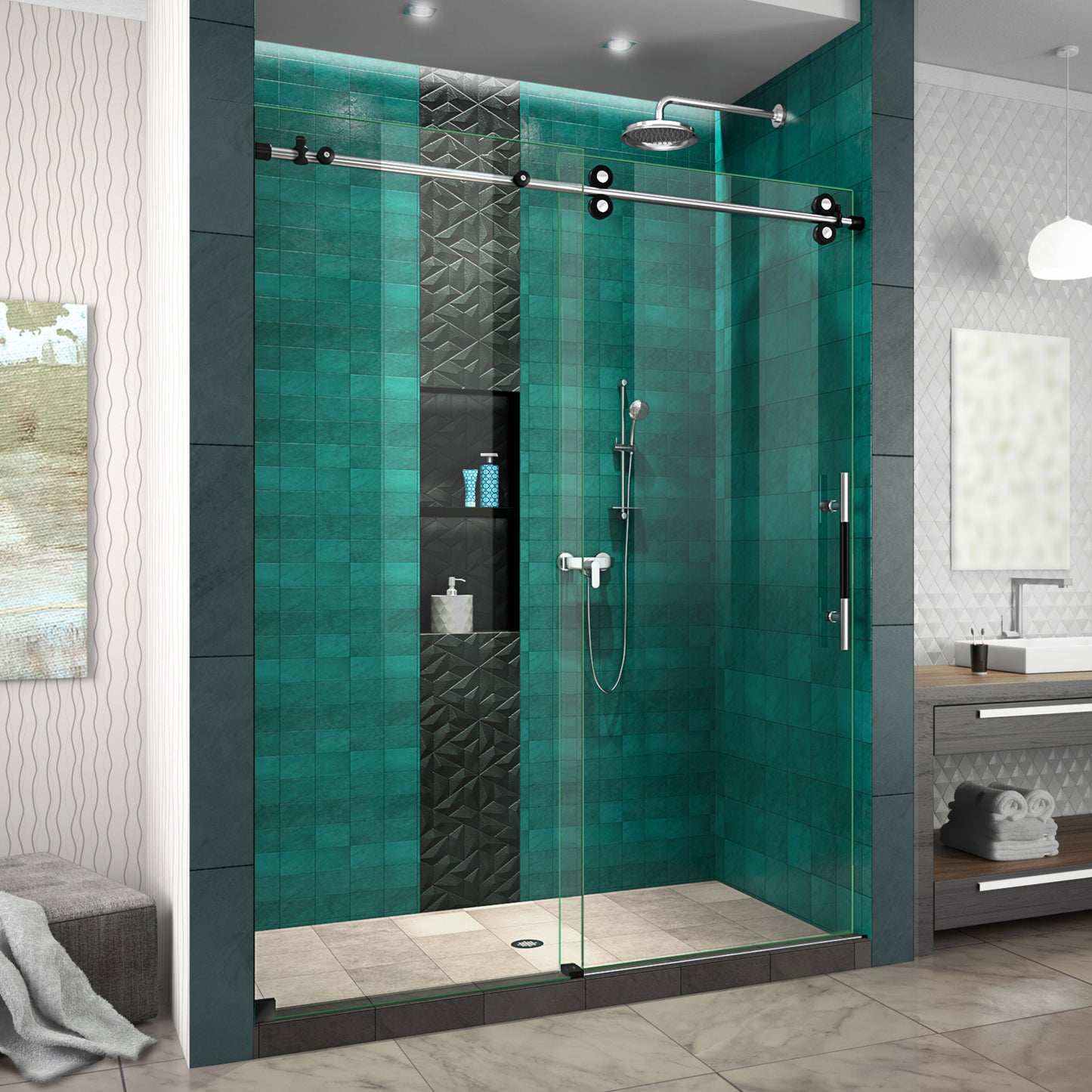Enigma-XO 56-60 in. W x 76 in. H Frameless Clear Glass Sliding Shower Door in Polished Tuxedo