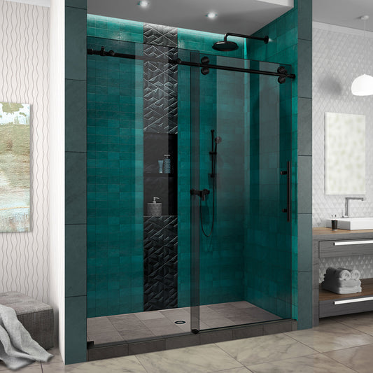 Enigma-XO 56-60 in. W x 76 in. H Frameless Smoke Grey Glass Sliding Shower Door in Satin Black Stainless Steel