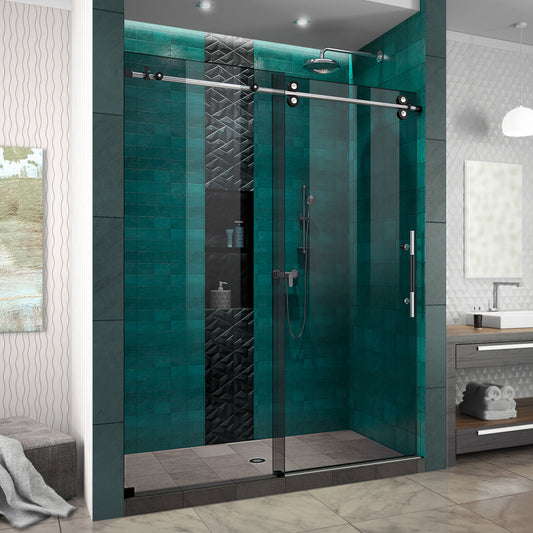 Enigma-XO 56-60 in. W x 76 in. H Frameless Smoke Grey Glass Sliding Shower Door in Brushed Tuxedo