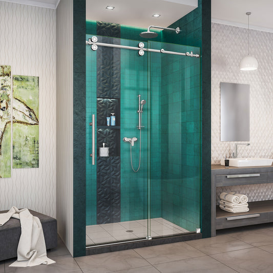 Enigma-XO 44-48 in. W x 76 in. H Fully Frameless Sliding Shower Door in Polished Stainless Steel