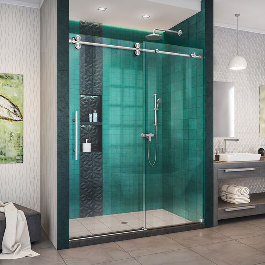 Enigma-XO 50-54 in. W x 76 in. H Fully Frameless Sliding Shower Door in Brushed Stainless Steel