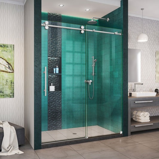 Enigma-XO 50-54 in. W x 76 in. H Fully Frameless Sliding Shower Door in Polished Stainless Steel