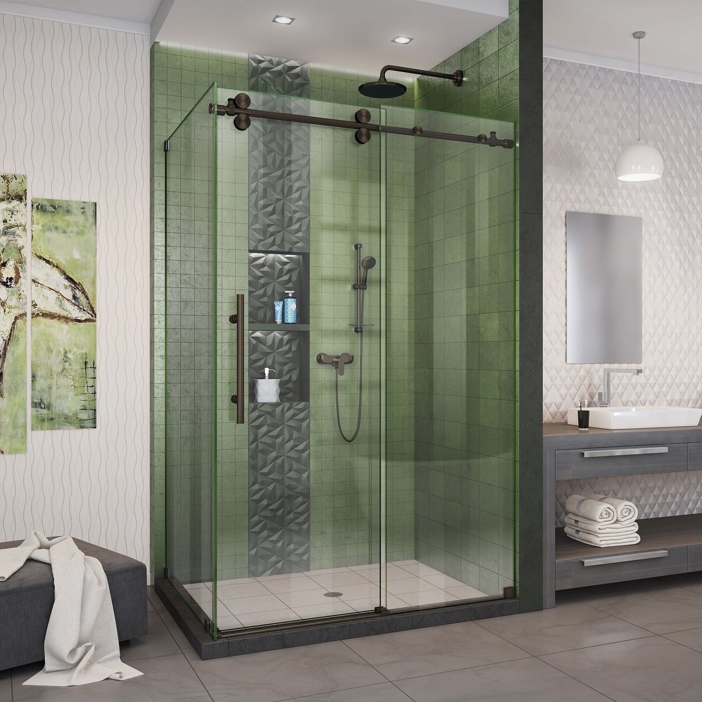 Enigma-XO 34 1/2 in. D x 44 3/8-48 3/8 in. W x 76 in. H Frameless Shower Enclosure in Oil Rubbed Bronze Stainless Steel