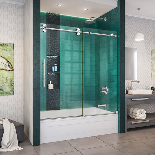 Enigma-XO 55-59 in. W x 62 in. H Fully Frameless Sliding Tub Door in Polished Stainless Steel