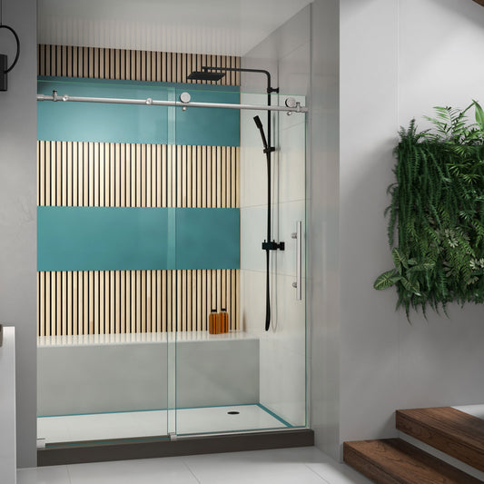 Enigma-X 56-60 in. W x 76 in. H Fully Frameless Sliding Shower Door in Brushed Stainless Steel