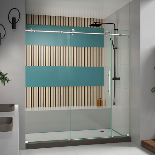 Enigma-X 68-72 in. W x 76 in. H Fully Frameless Sliding Shower Door in Brushed Stainless Steel