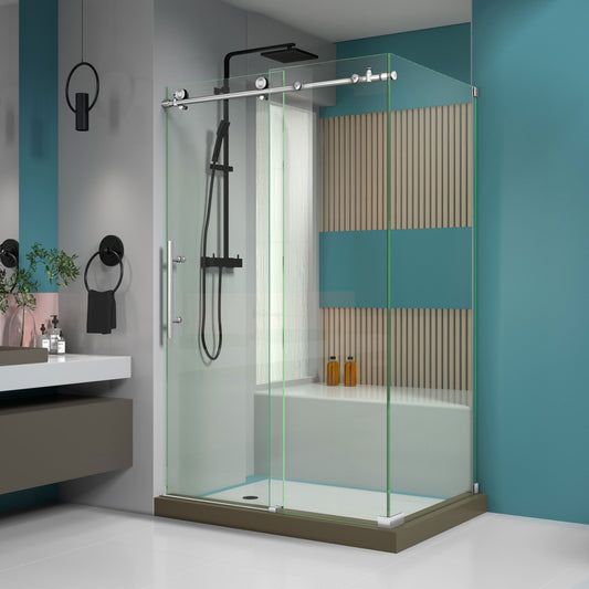 Enigma-X 34 1/2 in. D x 48 3/8 in. W x 76 in. H Fully Frameless Sliding Shower Enclosure in Brushed Stainless Steel