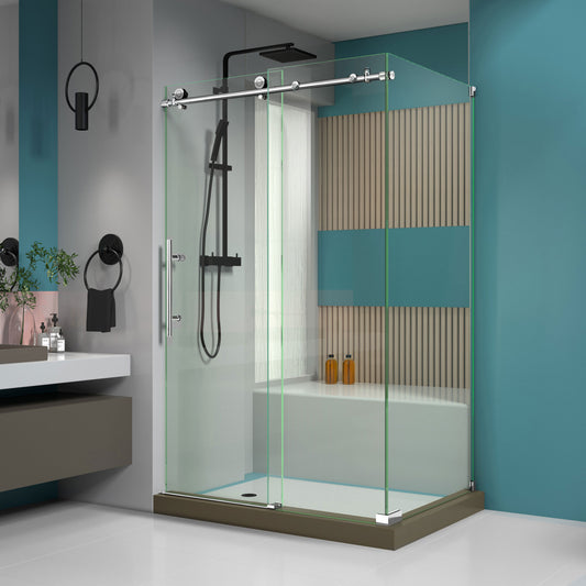 Enigma-X 34 1/2 in. D x 48 3/8 in. W x 76 in. H Fully Frameless Sliding Shower Enclosure in Polished Stainless Steel