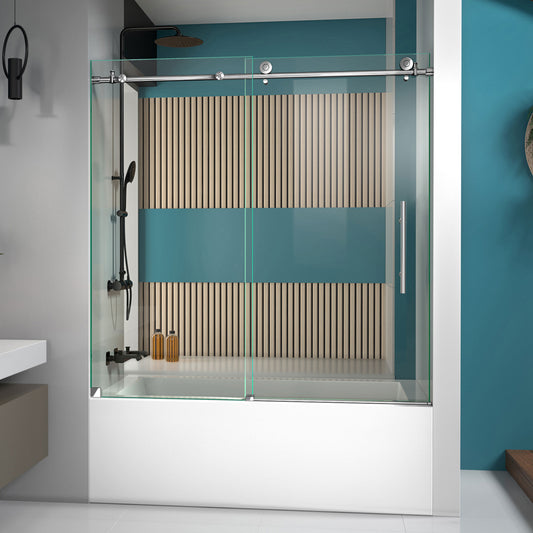 Enigma-X 55-59 in. W x 62 in. H Fully Frameless Sliding Tub Door in Polished Stainless Steel