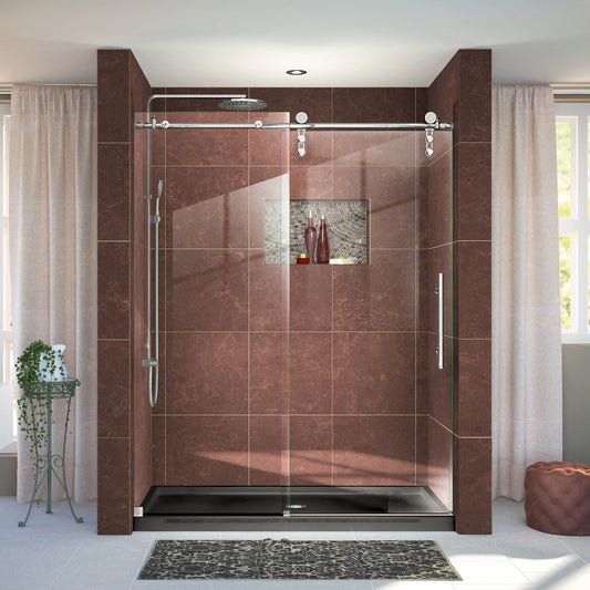 Enigma-Z 56-60 in. W x 76 in. H Fully Frameless Sliding Shower Door in Polished Stainless Steel