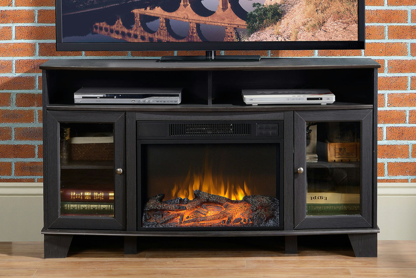 Black Painted Finish TV Stand With Fireplace