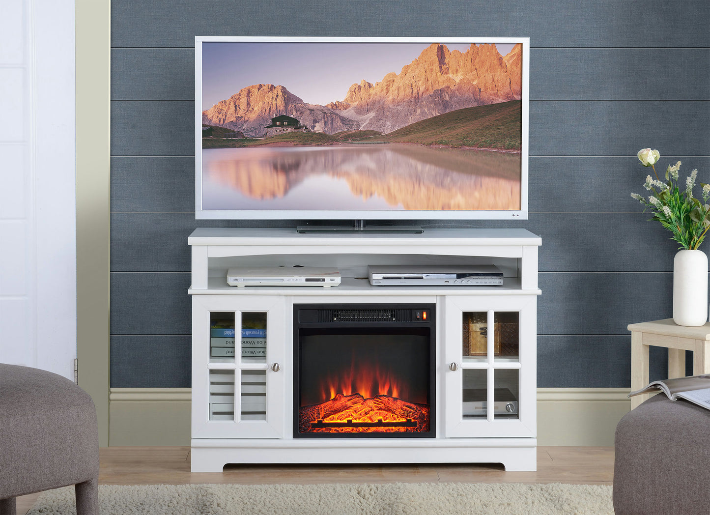 Painted White Finish TV Stand With Fireplace