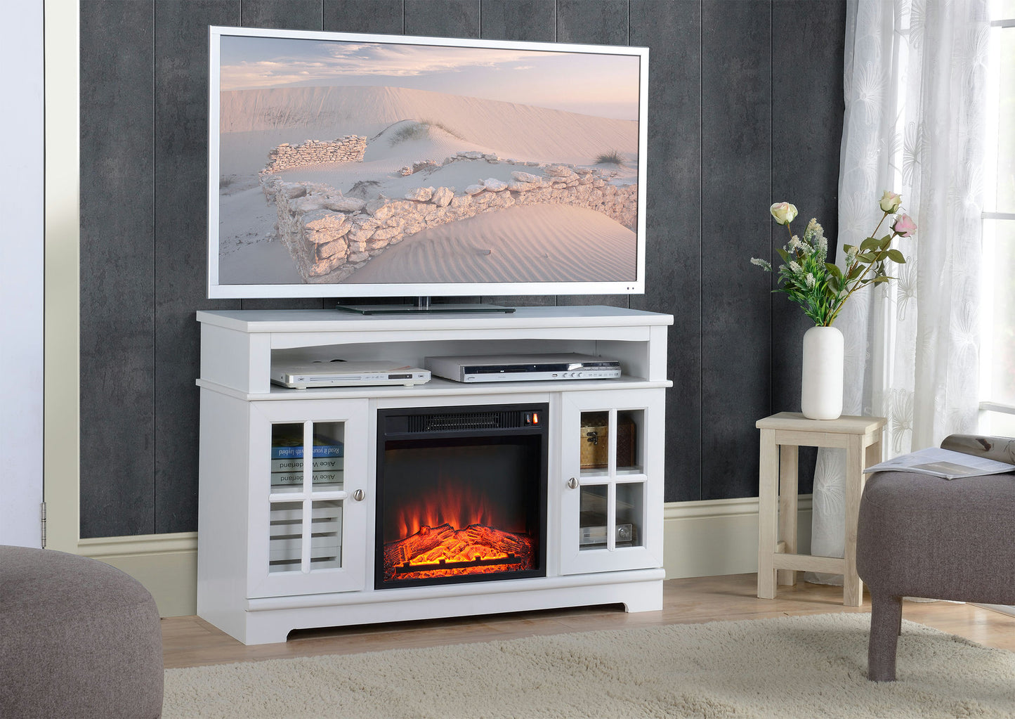 Painted White Finish TV Stand With Fireplace