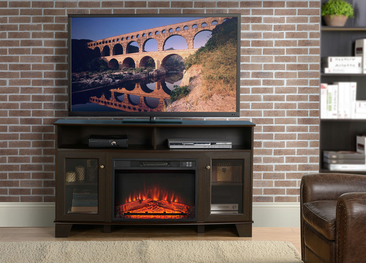 Wilson Oak Finish TV Stand With Electric Fireplace