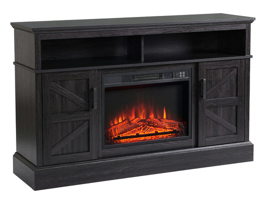Rustic Dark Wood TV Stand With Fireplace