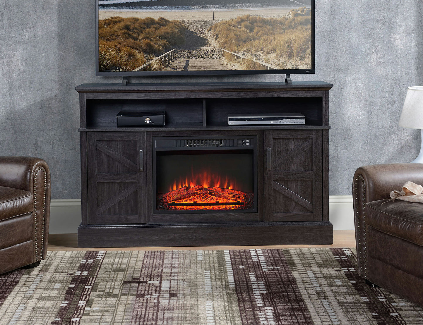 Rustic Dark Wood TV Stand With Fireplace