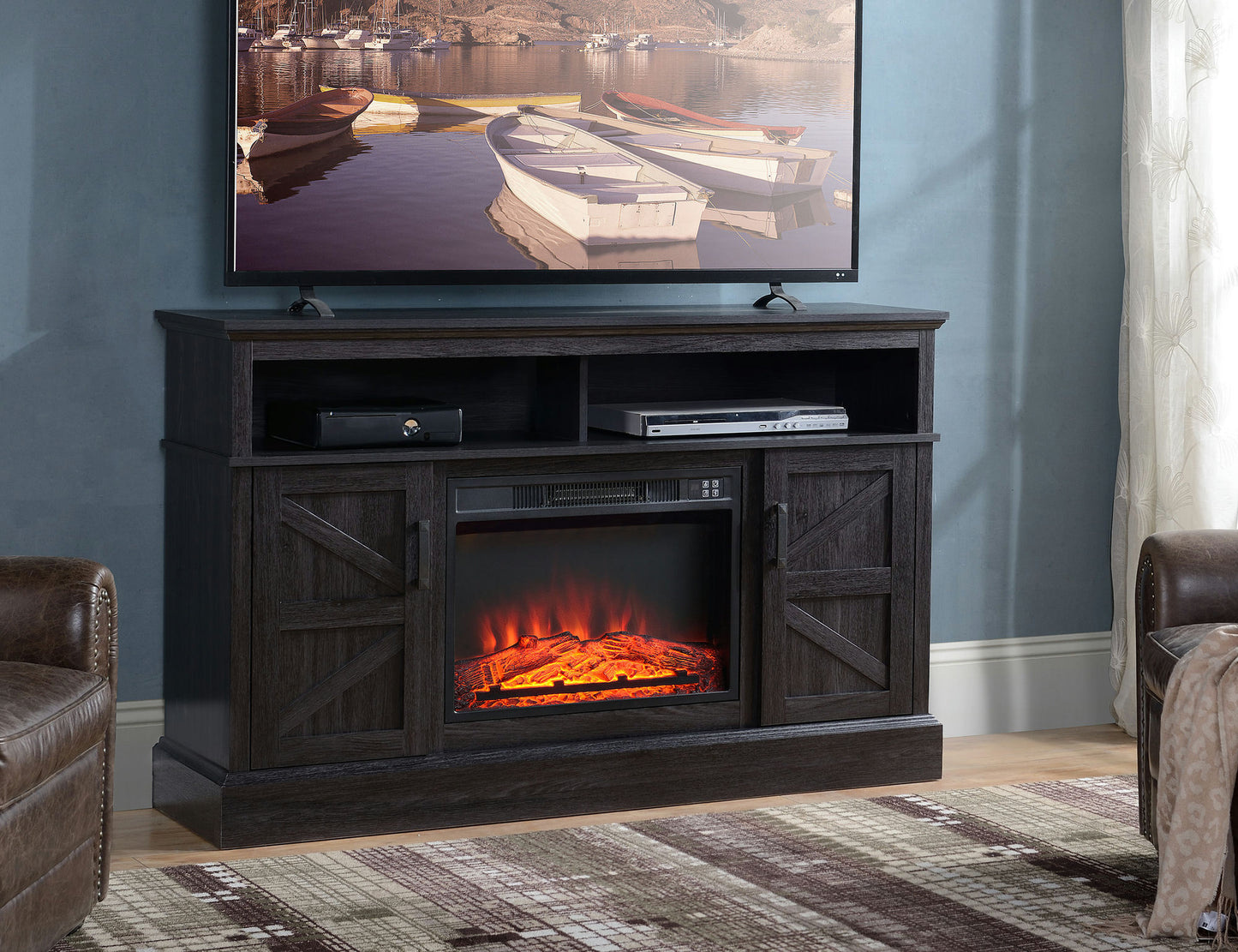 Rustic Dark Wood TV Stand With Fireplace