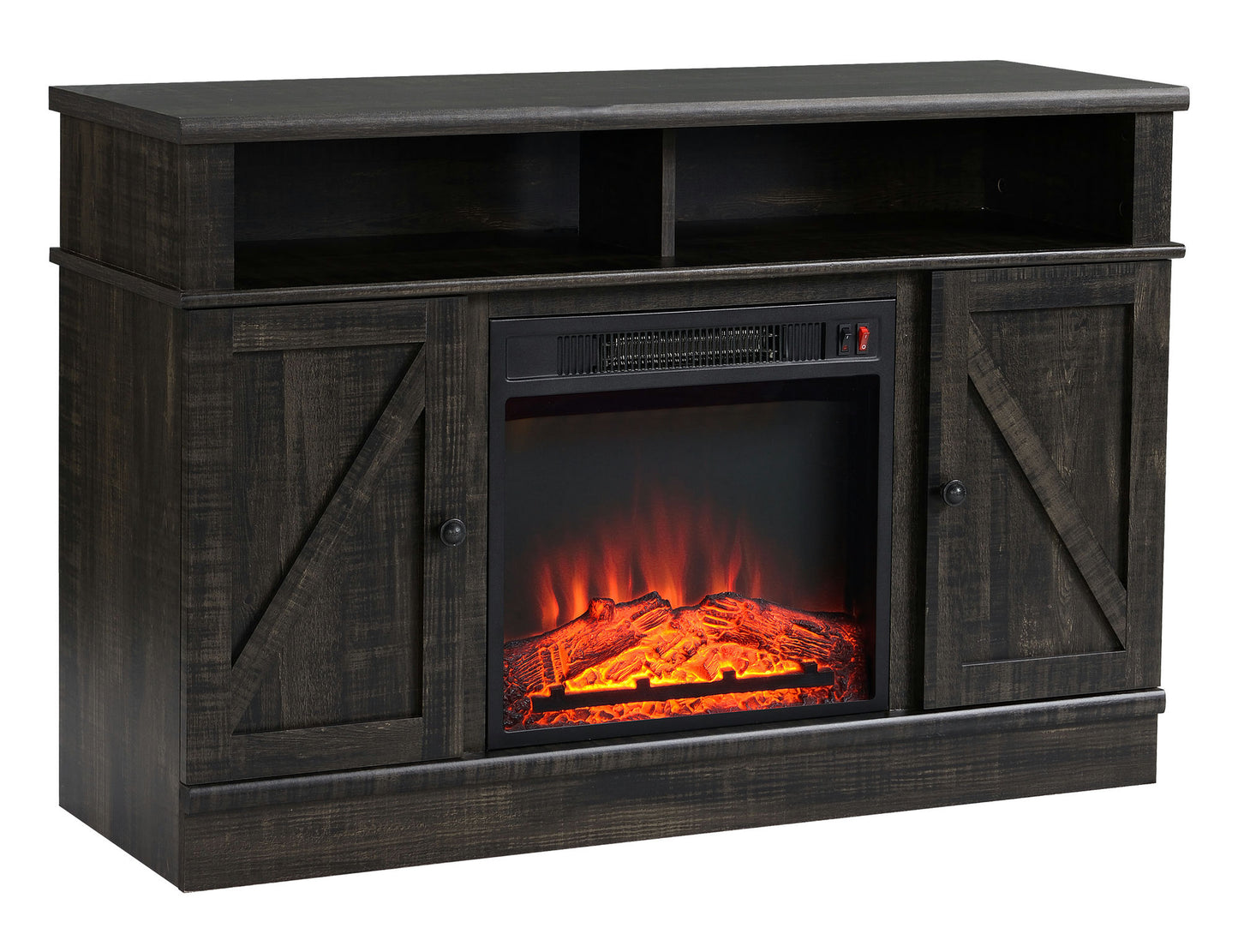 Rustic Dark Brown Wood TV Stand With Fireplace