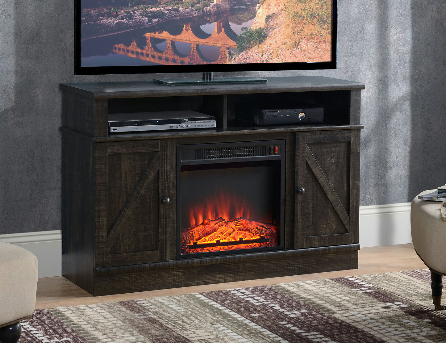 Rustic Dark Brown Wood TV Stand With Fireplace