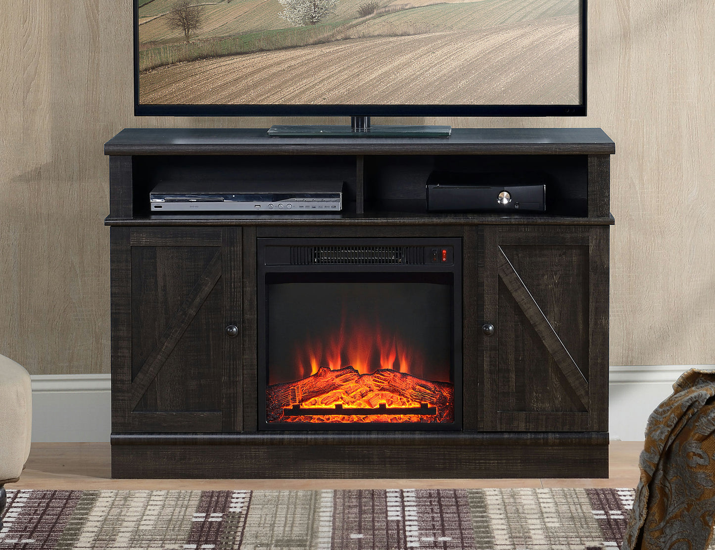 Rustic Dark Brown Wood TV Stand With Fireplace