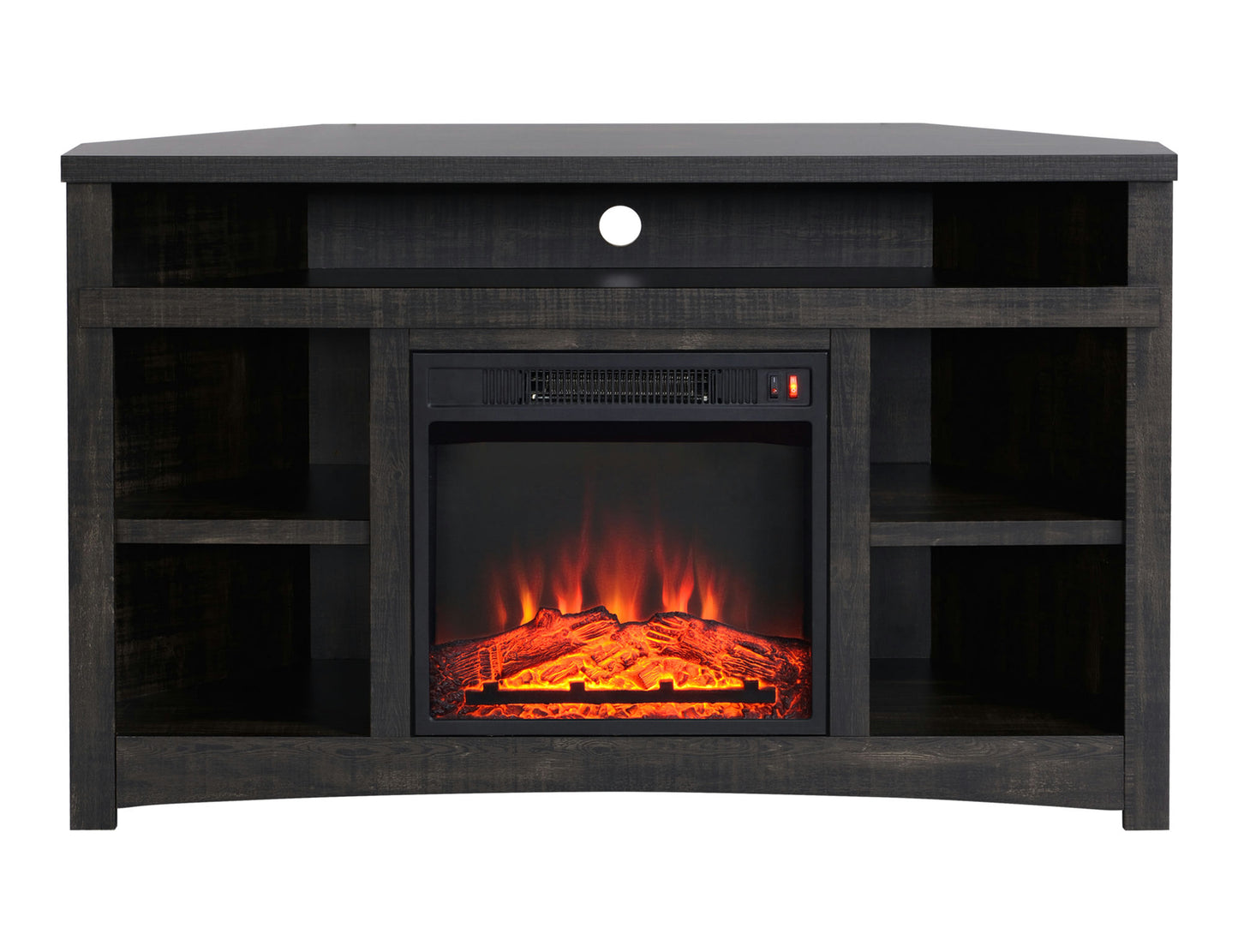 Corner Unit Rough Sawn Dark Oak Finish TV Stand with Built In Electric Fireplace