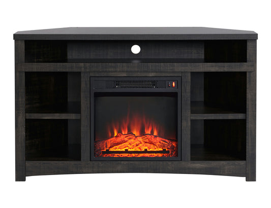 Corner Unit Rough Sawn Dark Oak Finish TV Stand with Built In Electric Fireplace