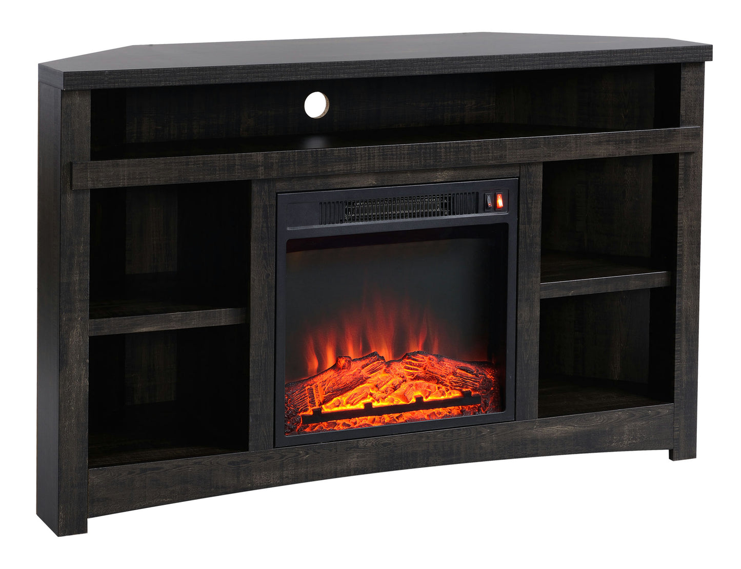 Corner Unit Rough Sawn Dark Oak Finish TV Stand with Built In Electric Fireplace