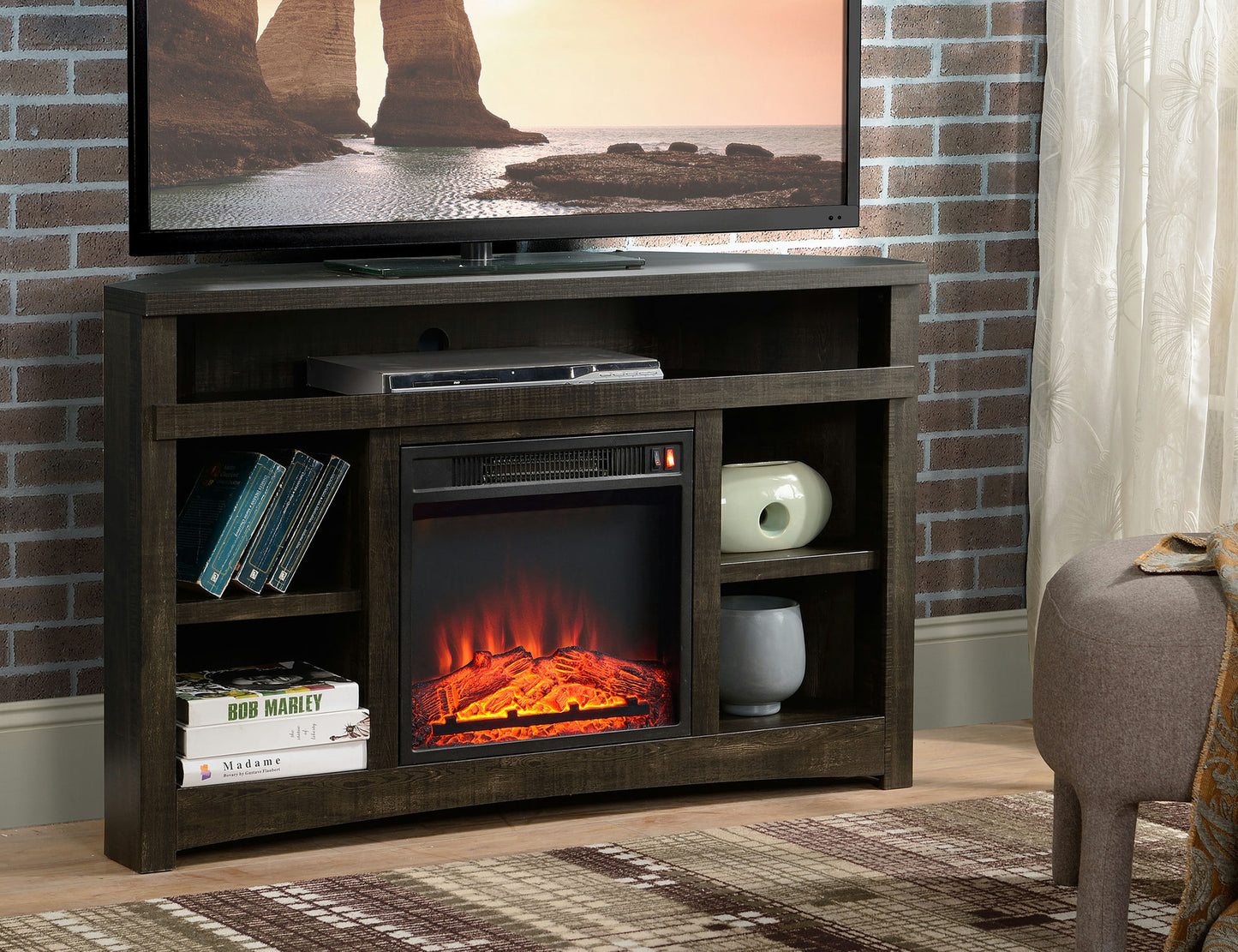 Corner Unit Rough Sawn Dark Oak Finish TV Stand with Built In Electric Fireplace