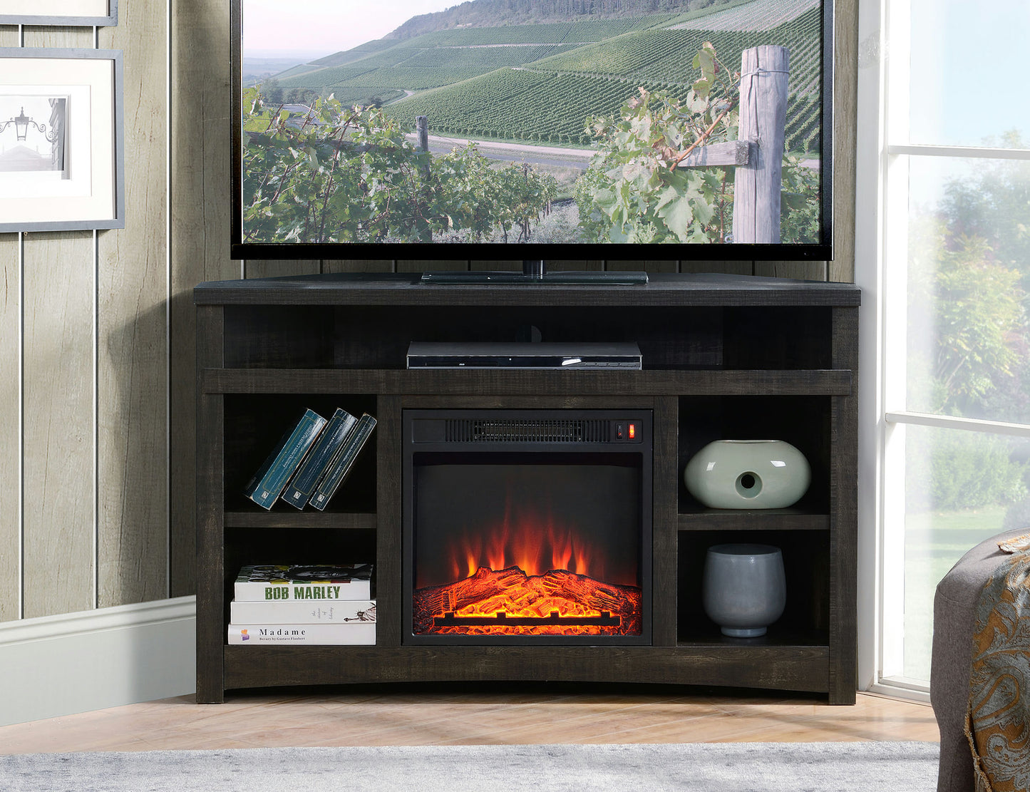 Corner Unit Rough Sawn Dark Oak Finish TV Stand with Built In Electric Fireplace